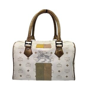 MCM Vintage Cream Lion Logo Barrel Satchel Handbag Designer‎ Bag Purse